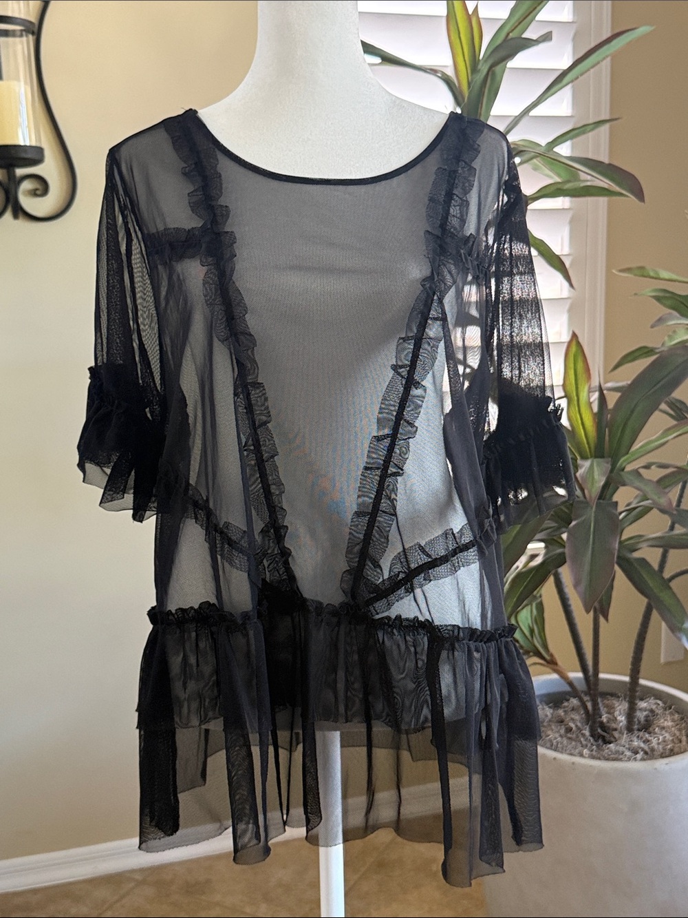 Vince Camuto Sheer Black Ruffle Mesh Top